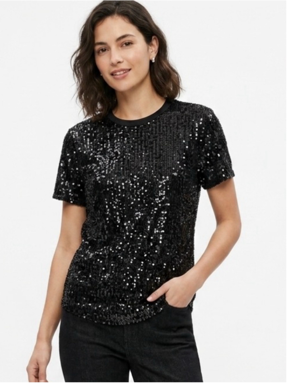 Women's INC International Concepts Black Sequin Short Sleeve Top Blouse Sz S 653